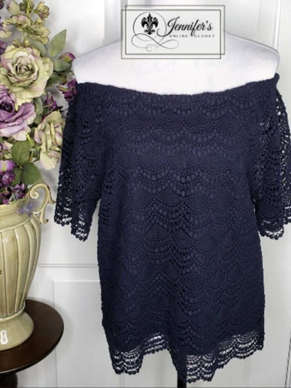 Women's Navy Blue Scoop Neck Short Sleeve Lace Crochet Top Size L - Picture 2 of 5